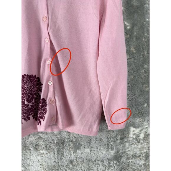 Garnet Hill Sz M Soft Pink 100% Merino Wool Floral Button Cardigan Sweater Light - Picture 2 of 9